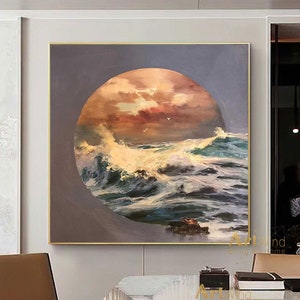 Large Sunset Painting Sunrise Canvas Art Ocean Waves Painting White Modern Acrylic Painting Contemporary Art Living Room Contemporary Decor image 1