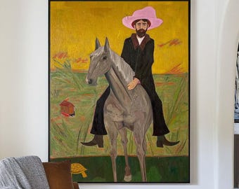 Grande dipinto a olio su tela raffigurante un cowboy western, un cavaliere stravagante, un'arte murale minimalista contemporanea.