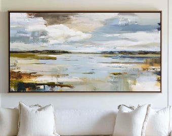 Dipinto murale contemporaneo con paesaggio marino – Dipinto astratto blu con texture su tela, grande paesaggio costiero fatto a mano