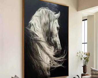 Dipinto ad olio astratto di cavallo bianco, originale opera d'arte equestre su tela nera, grande opera d'arte di animali per soggiorno