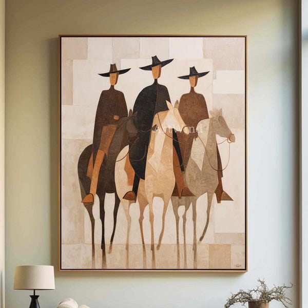 Western Cowboy Ölgemälde Großes abstraktes Pferd Figurative Leinwand Kunst Mid Century Modern Reitsportkunst