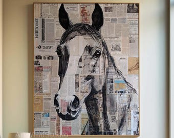 Large Horse Portrait on Vintage Newspaper Canvas Original Hand-Painted Textured Art