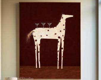 Verspieltes Pferd mit Martiniglas – Wandbild, burgunderrotes Ölgemälde, moderne Volkskunst auf Leinwand