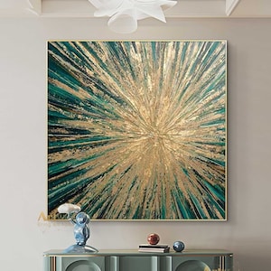 Turquoise Abstract Painting Gold Line Minimalist Art Gold Leaf Canvas Art Green Contemporary Art Modern Wall Art Original Living Room Decor