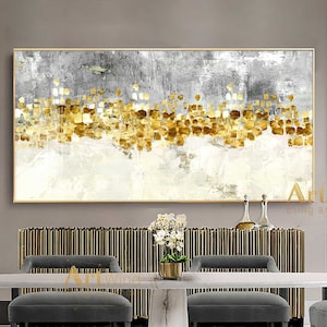 Gold Leaf Painting Grey Minimalist Art White Abstract Painting Gray And Gold Art Handmade Painting Contemporary Art Modern Acrylic Painting image 1