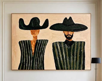 Western Couple Painting Cowboy and Cowgirl Wall Art Large Green Textured Canvas Art
