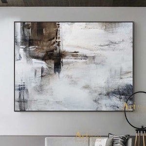 Large White Abstract Painting: Brown & Grey Canvas Art