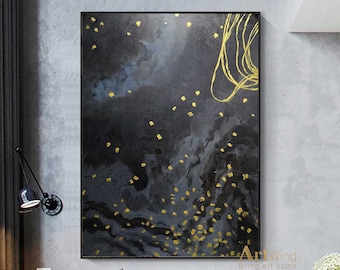 Large Gold Leaf Art Galaxy Painting Black Abstract Canvas Art Black And Gold Art Modern Wall Art Gold Painting Rich Textured Home Decor Art