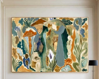Grande peinture à l'huile abstraite à thème botanique, représentant des champignons. Décoration murale fantaisiste inspirée par la nature.