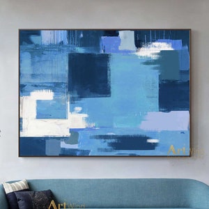Large Blue Abstract Oil Painting: Textured Minimalist Canvas Art