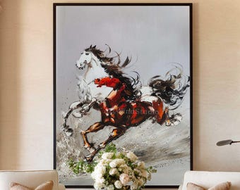 Grande quadro astratto con due cavalli al galoppo, dipinto moderno su tela con texture spessa raffigurante un animale.