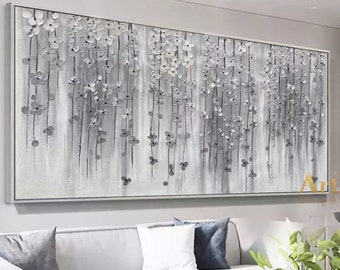 Large Gray Painting Flowers Painting Modern Original Artwork Rich Textured Custom Painting Silver Leaf Acrylic Painting Living Room Painting