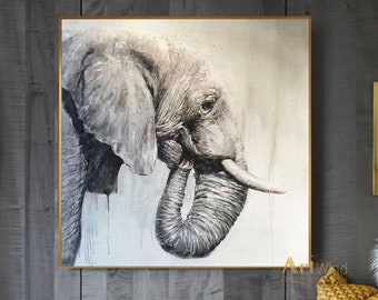 Large Grey Elephant Painting Gray Original Artwork Elephant Canvas Art Contemporary Art Black Impression Animal Painting Bedroom Decor Wall