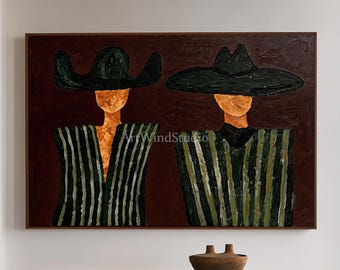 Grande dipinto su tela raffigurante un cowboy western, ritratto di due donne, dipinto su tela con texture marrone scuro e verde