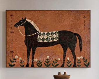 Quadro in stile vintage con cavallo nero, arte popolare, grande, marrone con texture, decorazione murale rustica per la casa.
