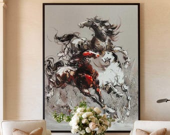 Grande quadro astratto con due cavalli al galoppo, dipinto moderno su tela con texture spessa raffigurante un animale.