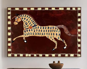 Dipinto ad olio astratto vintage di cavallo, arte popolare moderna di metà secolo, grande tela, arte murale equestre rustica
