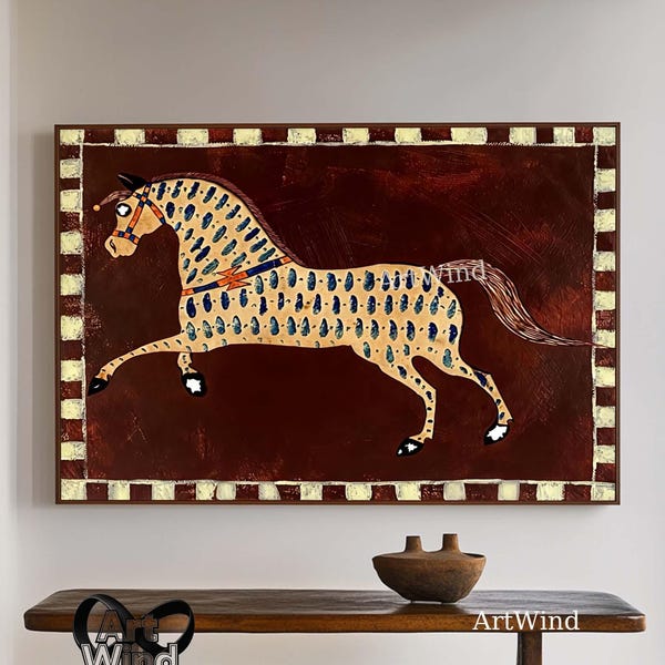Vintage Ölgemälde Abstrakt Pferd Mid-Century Modern Folk Art Leinwand große rustikale Wandkunst