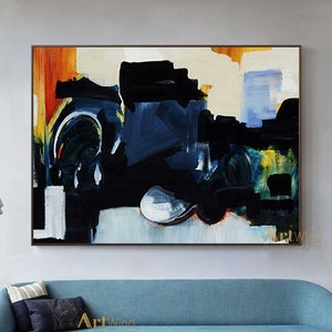 Large Abstract Painting Dark Blue Abstract Canvas Art Black Original Painting Handmade Art Interior Design Horizontal Painting Bedroom Decor