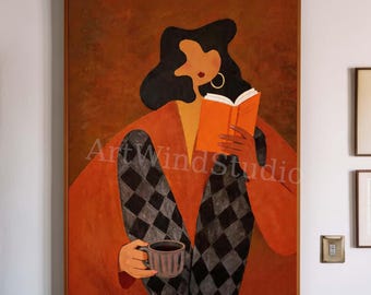 Dipinto originale "Ragazza che legge", grande figura astratta con caffè, arte da parete moderna boho, ritratto su tela