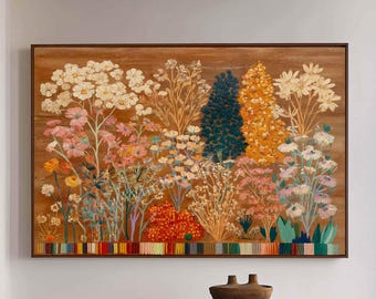 Grande dipinto astratto a olio di un campo di fiori, tonalità della terra, arte botanica su tela, arte popolare vintage, minimalismo, arredamento moderno per la casa.