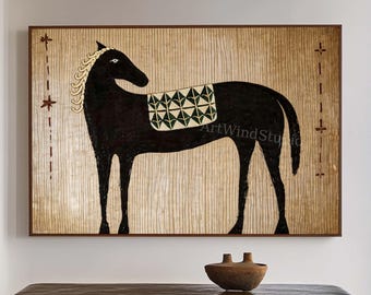 Quadro su tela di grande dimensioni con cavallo nero in stile folk art, con texture beige, ispirato al Wabi Sabi e raffigurante un animale.