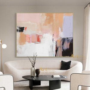 Large Abstract Acrylic Painting Pink And White Canvas Art Orange Abstract Painting Black And Blue Wall Art Bright Painting Colorful Wall Art image 2