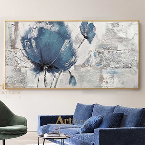 Large Flower Painting Original Artwork Gray Texture Painting Navy Blue Painting Blue Rose Painting Grey Abstract Canvas Art Living Room Wall