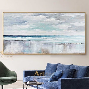 Large Blue Sea Abstract Oil Painting: Modern Coastal Canvas Art