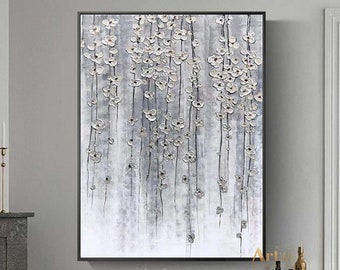 Large Gray Painting Flowers Painting Modern Original Artwork Rich Texture Custom Painting Silver Leaf Acrylic Painting Grey Living Room Wall