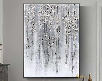 Large Gray Floral Painting: Modern Abstract Silver Leaf Art