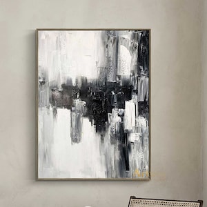 Large Black and White Abstract Oil Painting: Modern Minimalist Art