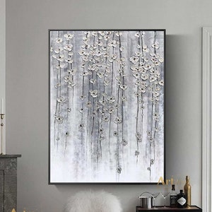 Large Gray Floral Painting: Modern Abstract Silver Leaf Art