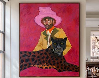 Dipinto figurativo di un cowboy occidentale, raffigurante un uomo con una pantera su tela, decorazione artistica da parete contemporanea e audace.