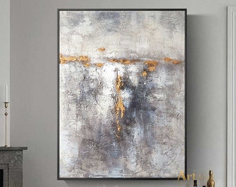 Large Abstract Painting On Canvas Gray Acrylic Canvas Art Grey Painting Gold Leaf Art Sunrise Painting Texture Gray Modern Living Room Decor