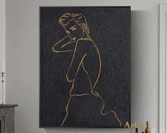 Minimalistische abstrakte Leinwand Kunst Sexy Mädchen Malerei Abstrakte Malerei Nackt Malerei Linie Kunst Schwarz Und Gold Dekor Kunst Schwarz Acryl Gemälde