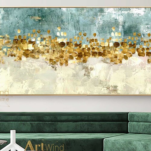 Abstract Canvas Art Green Modern Wall Art Gold Leaf Painting Etsy