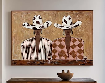Luxuriöses Wandbild „Cowgirl mit Wein“, modernes Western-Ölgemälde, weibliches Porträt auf Leinwand