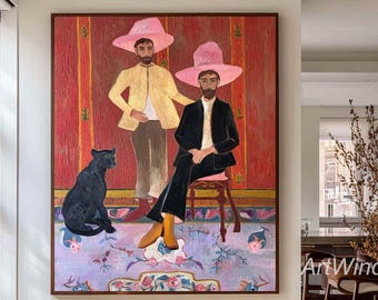 Grande tela astratta figurativa originale, dipinto a olio su tela, ritratto stravagante di cowboy western, arte murale
