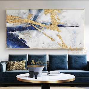 Großes Blattgold Gemälde: Marineblaue Abstrakte Leinwand Kunst