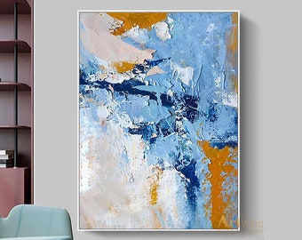 Oversized Abstract Painting Light Blue Minimalist Wall Art Navy Blue Canvas Art Orange Original Artwork Textured Painting White Acrylic Wall