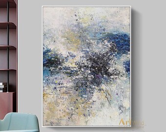 Large Contemporary Art Navy Blue Abstract Painting White And Black Art Grey Modern Wall Art Yellow Ocean Original Artwork Living Room Decor