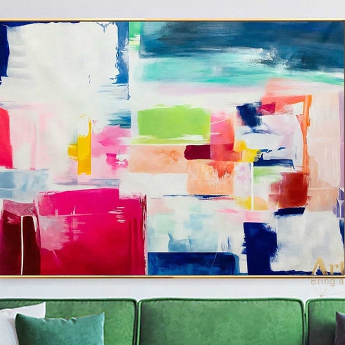 Large Blue Abstract Painting Pink Wall Art Contemporary Art Etsy