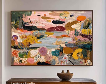 May include: A large rectangular abstract oil painting featuring a landscape with thick, textured brushstrokes in shades of pink, mustard yellow, deep green, orange, and dark red, displayed in a thin brown frame above a dark wooden bench.