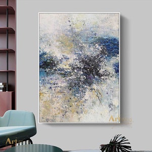 Large Abstract Oil Painting: Navy Blue, Grey, and Yellow Original Artwork