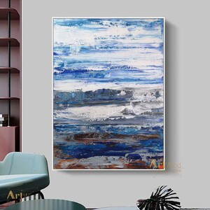 Oversized Abstract Seascape Painting: Navy Blue, Grey, and White Canvas Art