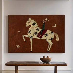Vintage volkskunst paardenschilderij in olieverf, minimalistische paardensportkunst, western woondecoratie