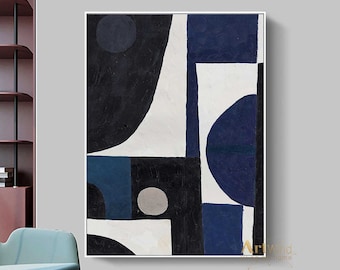 Extra Large Blue Painting Abstract Canvas Art Color Block Knife Painting White Modern Painting Living Room Decor Dark Blue Abstract Painting