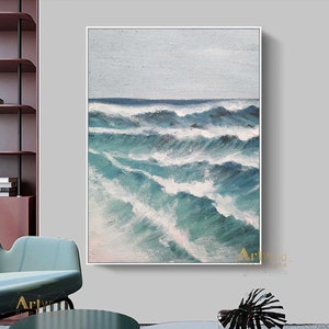 Ocean Painting Large Waves Canvas Art Light Blue Modern Wall Art White Contemporary Art Acrylic Painting Seascape Wall Art Living Room Decor