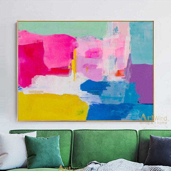 Extra Large Colorful Abstract Painting On Canvas Yellow And Blue Art Pink Abstract Canvas Art Teal Modern Canvas Art Purple Bright Painting